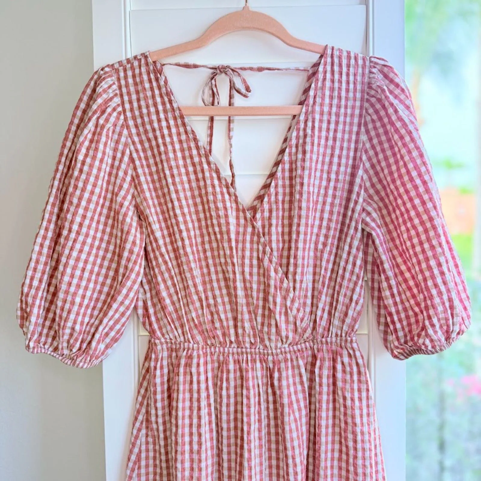 MANGO Vichy Red Gingham Mini Dress with Puff Sleeves & Tiered Skirt size XS - Image 2