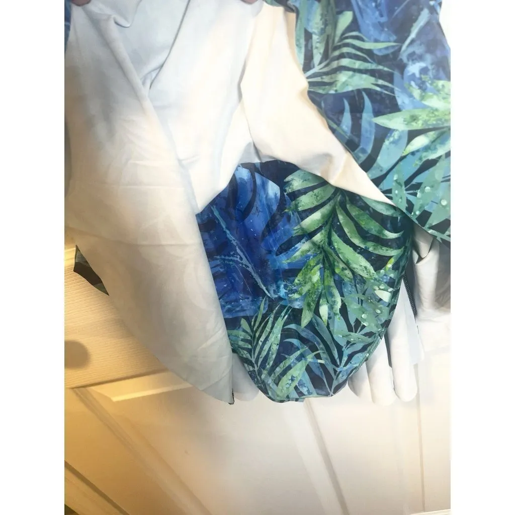 Yonique Ruched Detailing Removable Padded Long Swimsuit Large Skirt Blue Leaves - Image 4