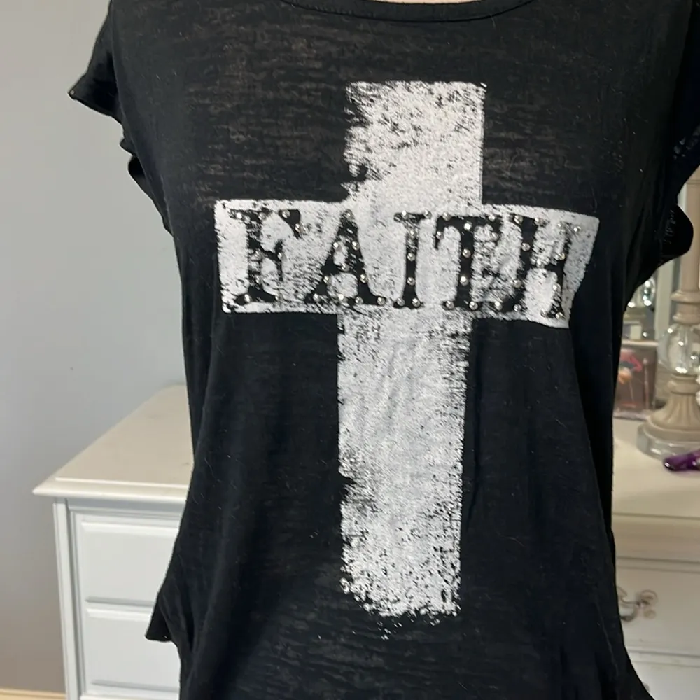 Faith Black Semi Sheer Shirt Cross Rhinestone Womens Small - Image 3
