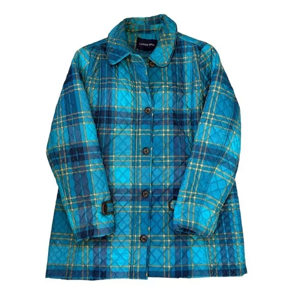 Lands End Quilted Plaid Barn Jacket Women Size L/T 14-16 Blue Gold Outerwear EUC - Image 4