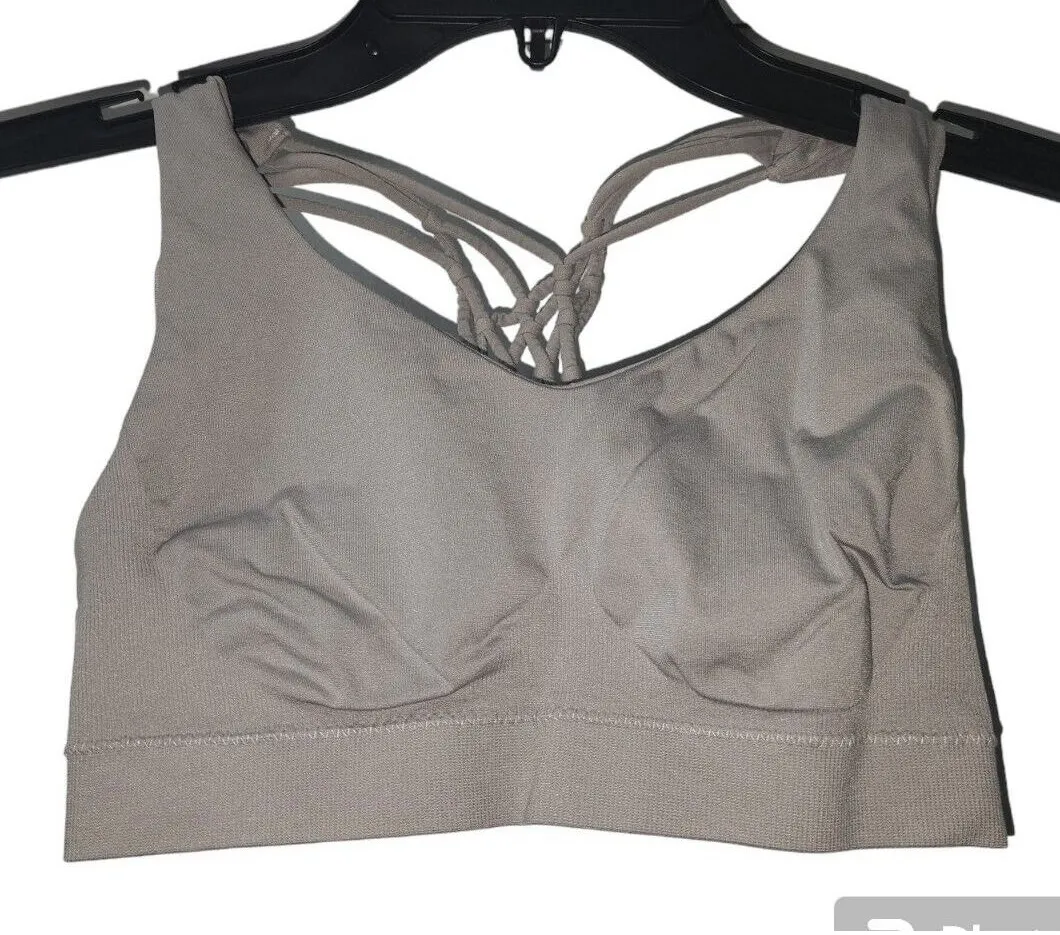 Pro Fit Bra Top Criss Cross Back Padded Athletic Gym Workout Beige S Tan - Image 1