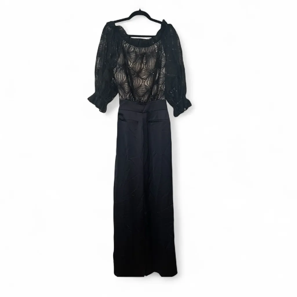 Ramy Brook NWT Sample Lace Sequin Satin Palazzo Jumpsuit Size Small Off Shoulder - Image 4