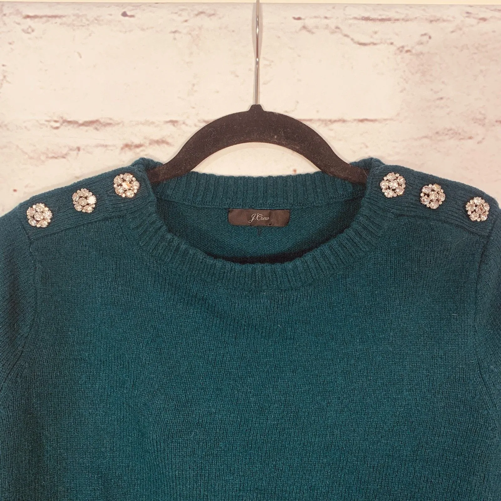 J. Crew Lambs Wool Blend Jewel Shoulder Sweater Emerald Green Women’s Small - Image 6