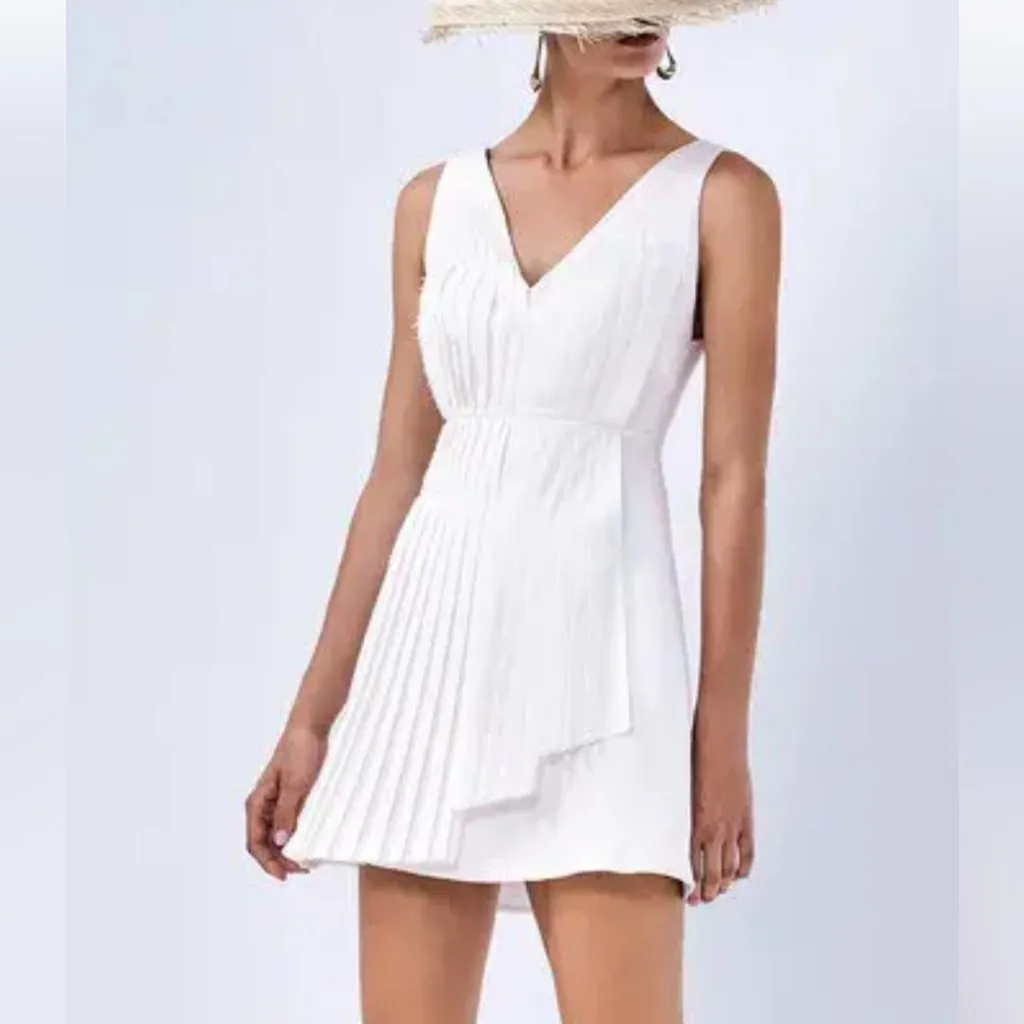 Alexis Fosetta White Linen Dress Bridal Bride Asymmetrical Midi Zip Designer - Image 4