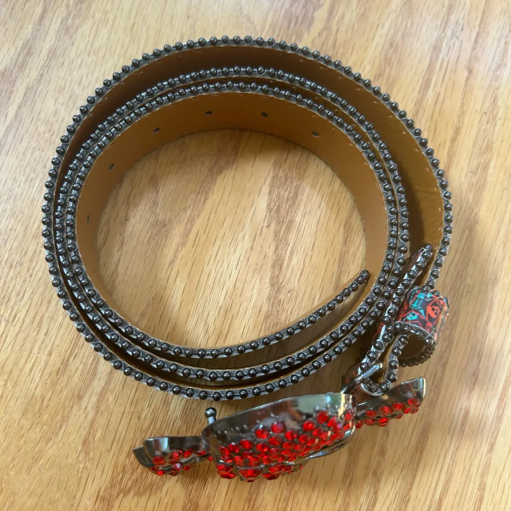 Printed Rhinestones Big Skull And Bones Buckle Red Belt Punk Goth 49” - Image 5