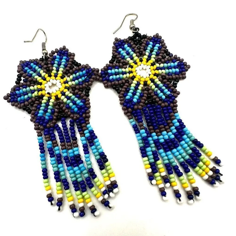 Blue yellow purple long beaded statement earrings - Image 2