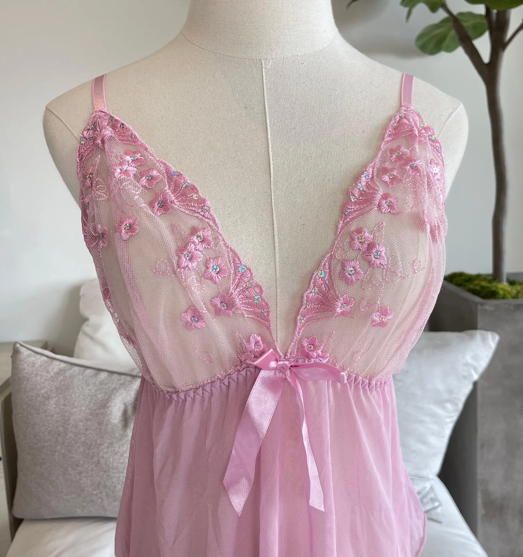 Dolls Kill Pink Y2K Sheer Sequin Baby Doll Tank Top Size XL - Image 2