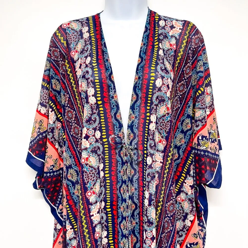 Bohemian Boho Chic Print Kimono Semi Sheer Cover Up Open Front Top Ember Small - Image 5