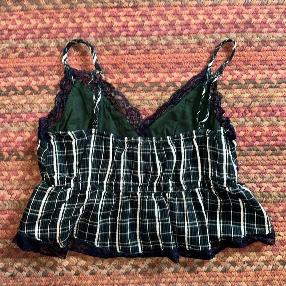 AMERICAN EAGLE NAVY & GREEN PLAID LACE CAMI TOP - Image 5