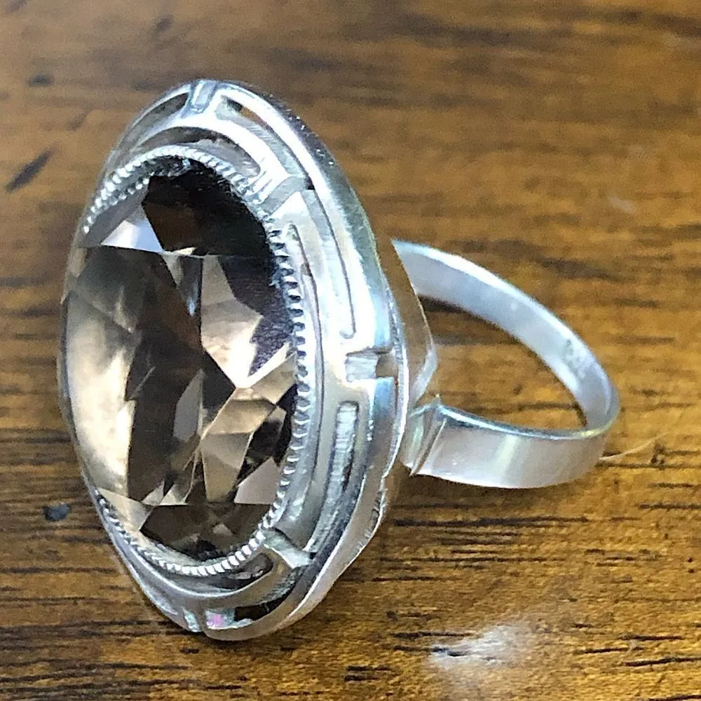 Faceted Smokey Quartz and Sterling Silver Vintage Cocktail Ring Size 6 - Image 3