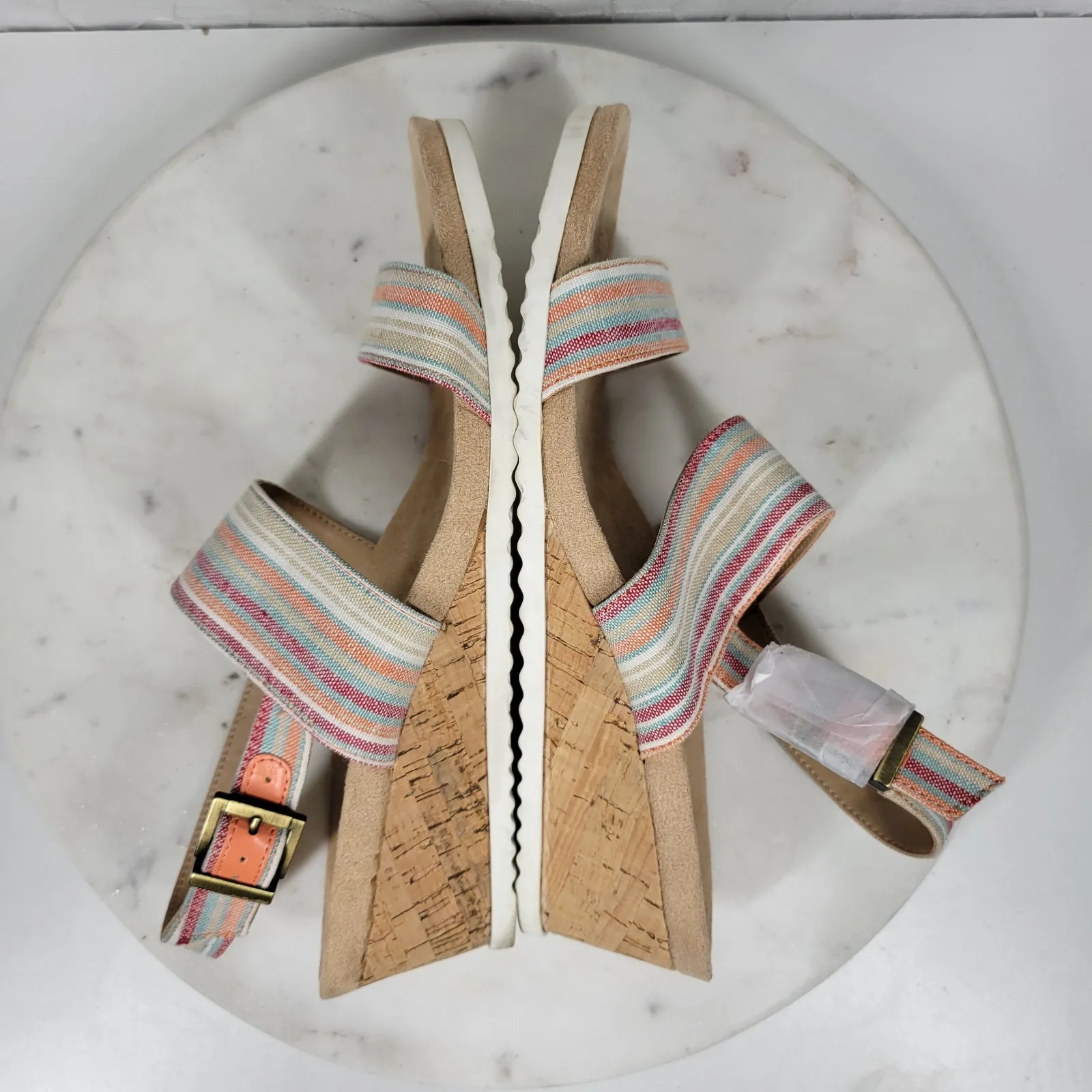 Abella Sicilia Wedge Sandals Womens 9 Pink Stripe Strap Cork Buckle Comfort Brown - Image 4