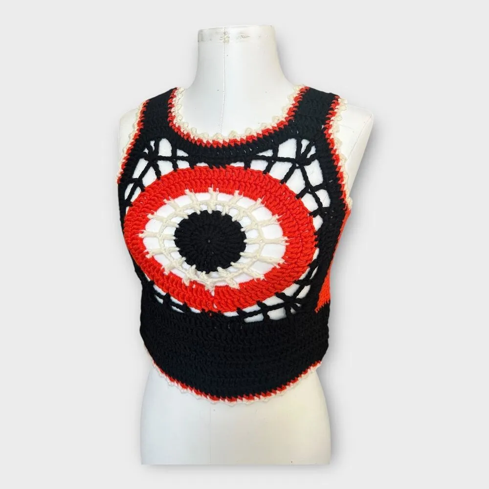 Vintage 70s Crochet Crop Top Hand Made Hippie Indie Festival Black & Orange sz S - Image 6