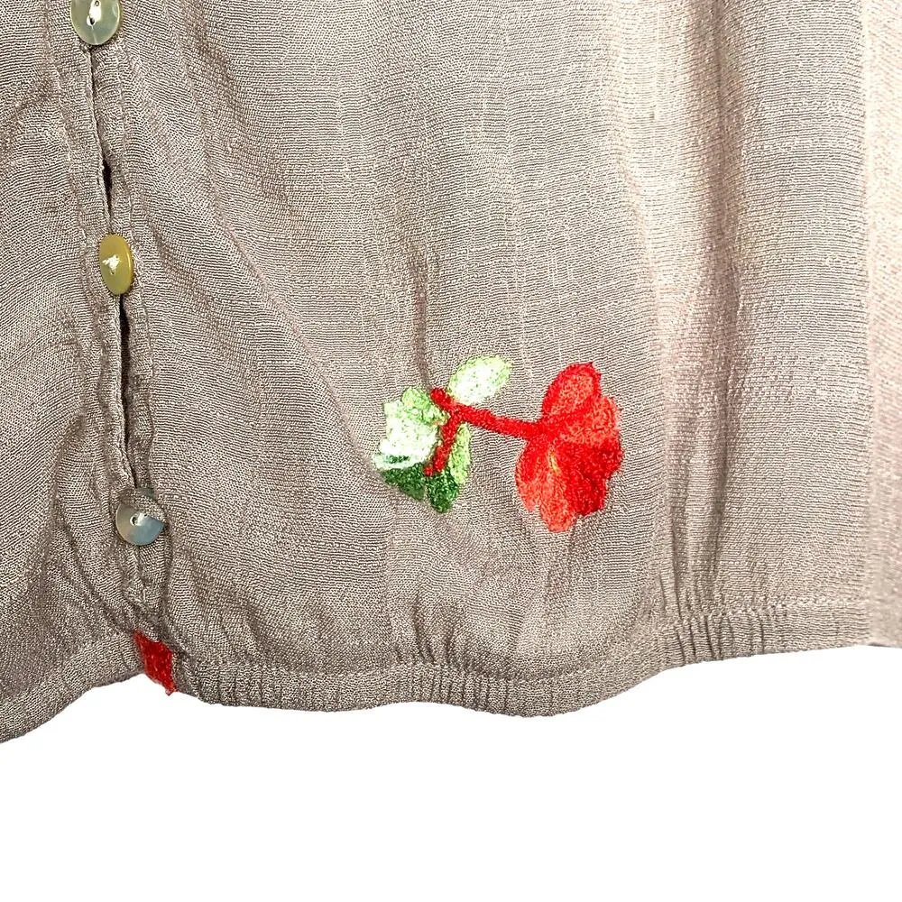 Fig & Flower Size Medium Embroidered Peasant Top Blouse Balloon Sleeve Floral Brown - Image 7