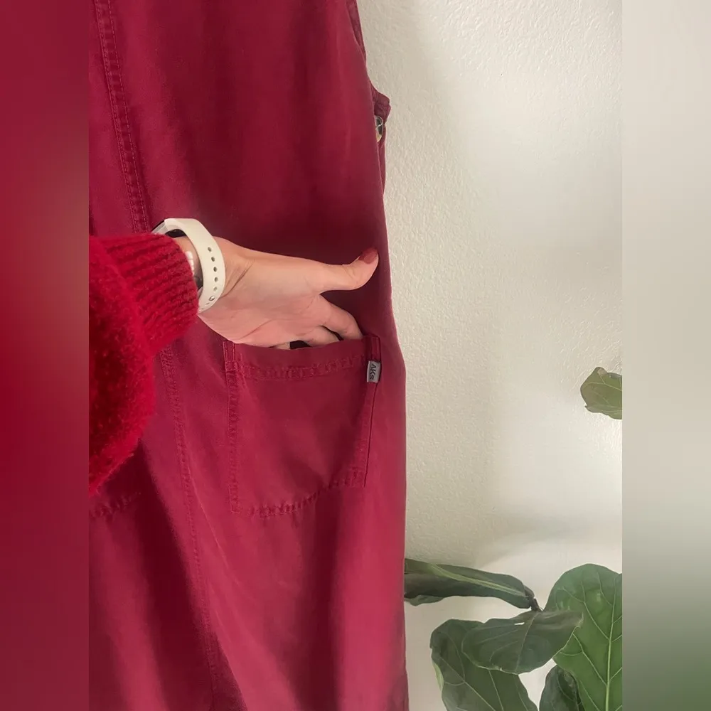 Vtg Amy K Su AKS Nordstrom PETITE S Tencel Pockets Burgundy Jumper Maxi Dress Red - Image 2