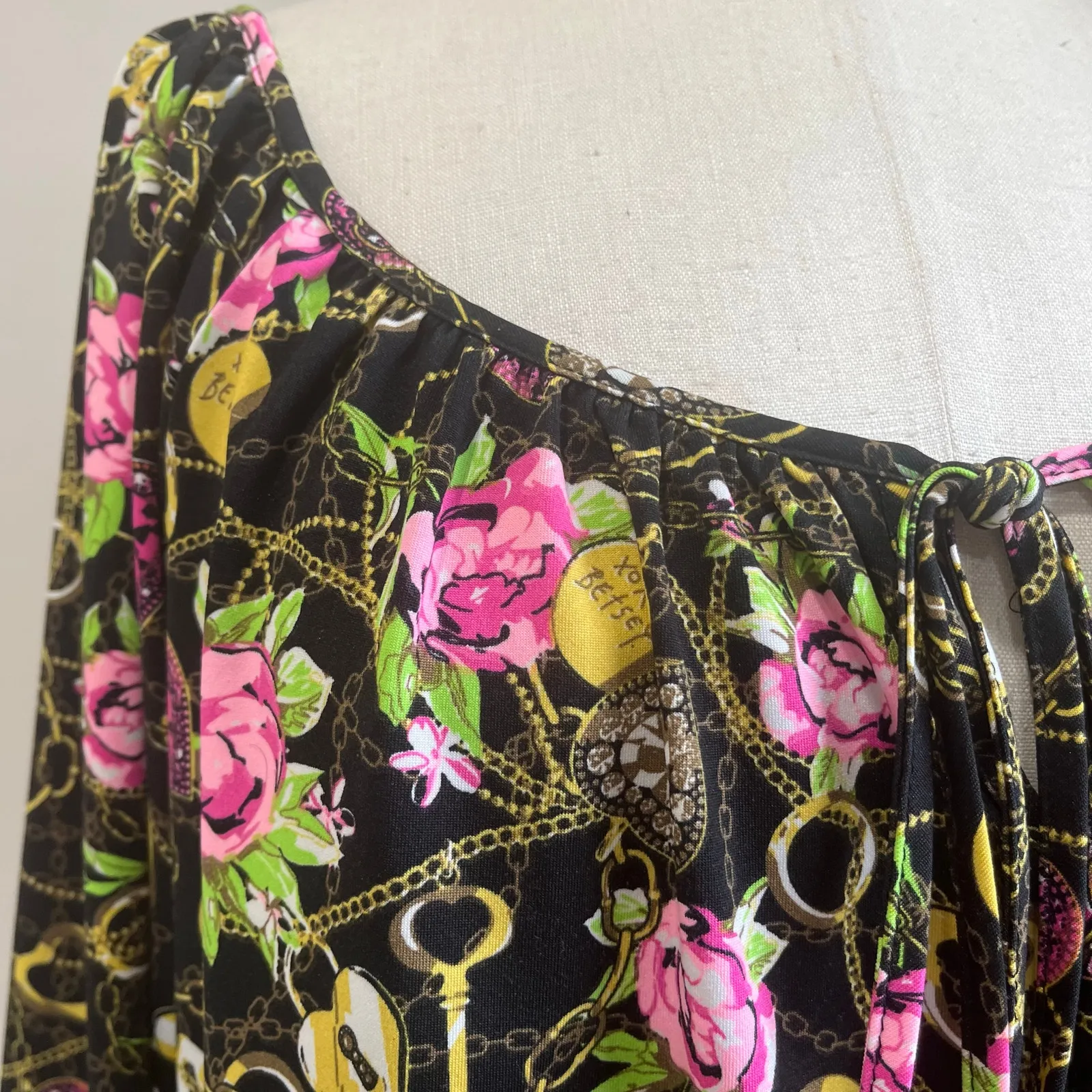 Betsey Johnson Floral Chain Print Blouson Top XL Pink Roses Boho Glam - Image 5