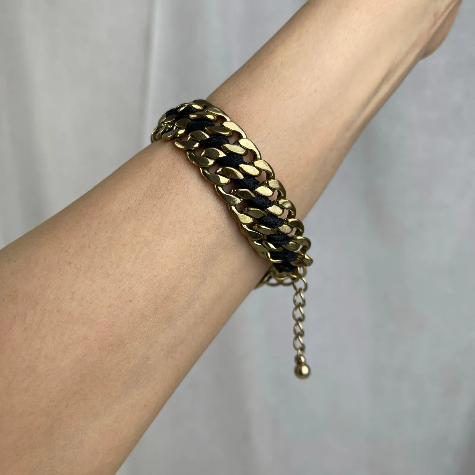 Gold Tone Chain Link Bracelet Black Braided Satin Cord Adjustable NWOT - Image 11