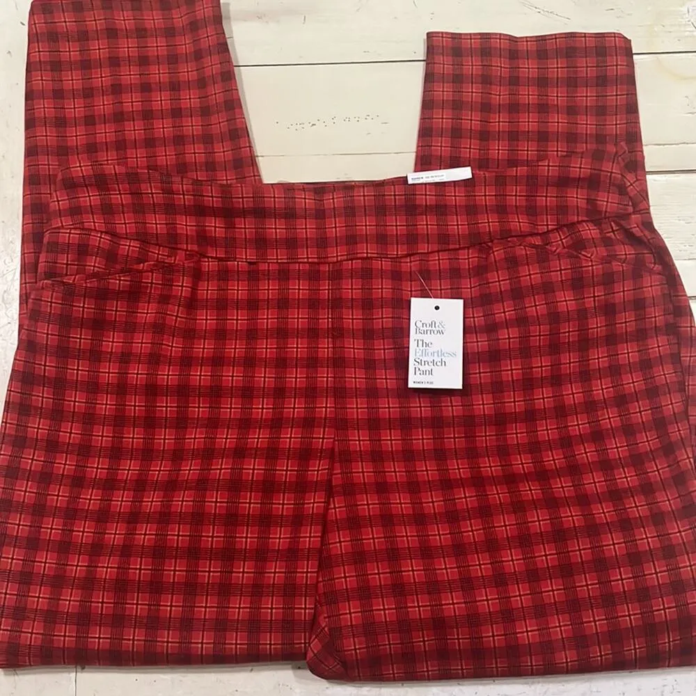 Croft & Barrow Pull On Stretch Pants Straight Fit 22W LONG Red Plaid Valentines - Image 8