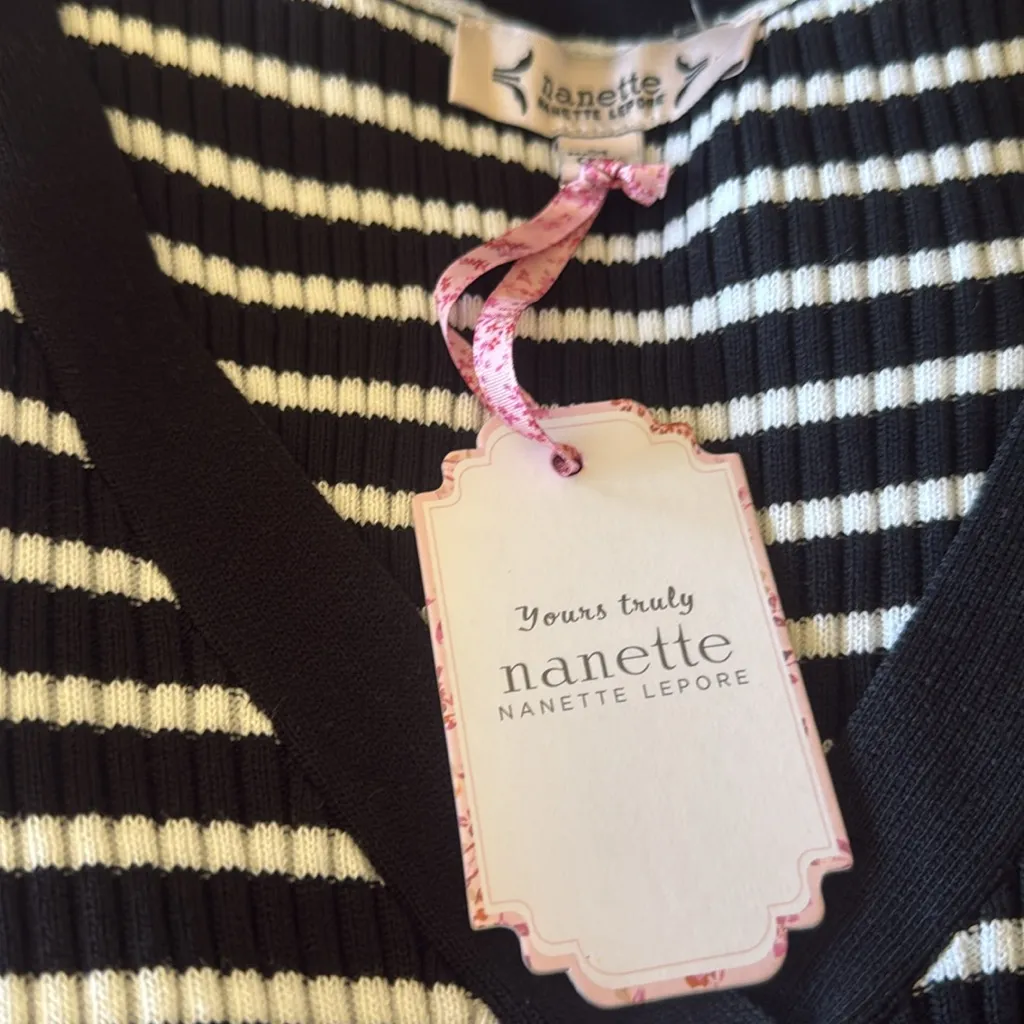 NWT Nanette Lepore V Neck Striped Pearl Embroidery Striped Stretch Cardigan M - Image 9