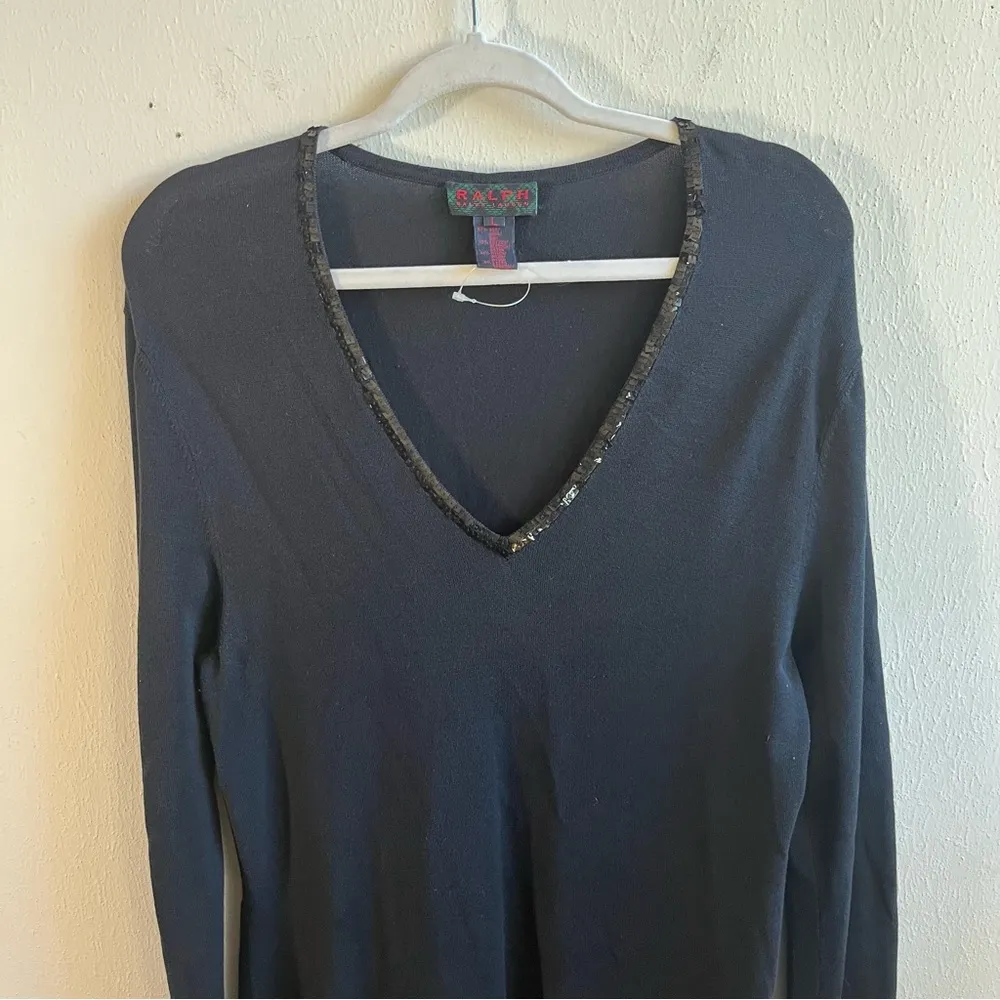 RALPH Ralph Lauren Sweater Dress Black Sequined V Neck Long Sleeve Sz L GUC - Image 2