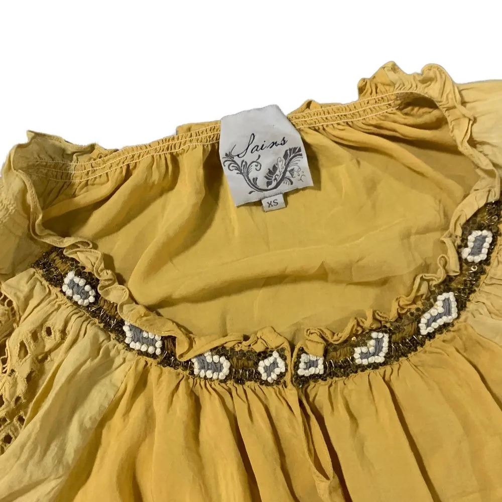 Anthropologie | Boho Yellow Embellished Neckline Viscose Cotton Blouse Size XS - Image 6