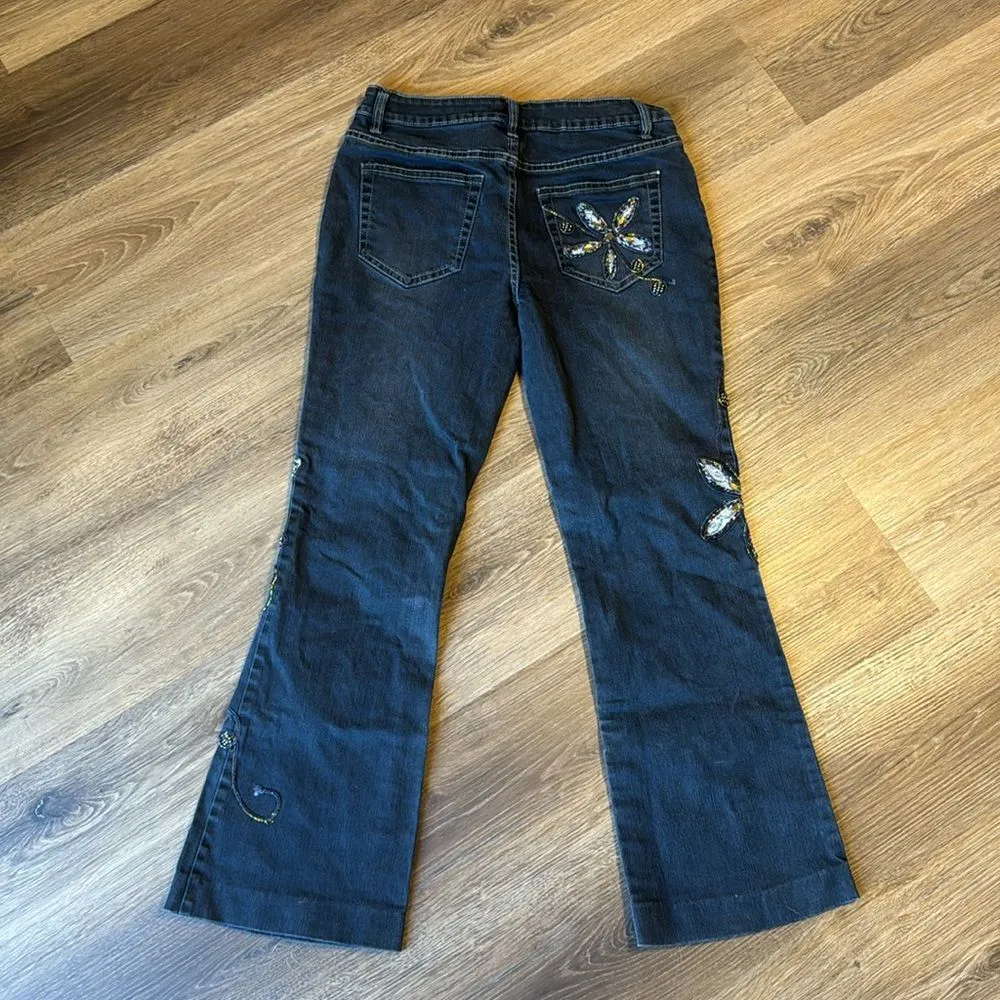 Azi ladies embroidered beaded floral glam denim jeans size 8 Blue - Image 11