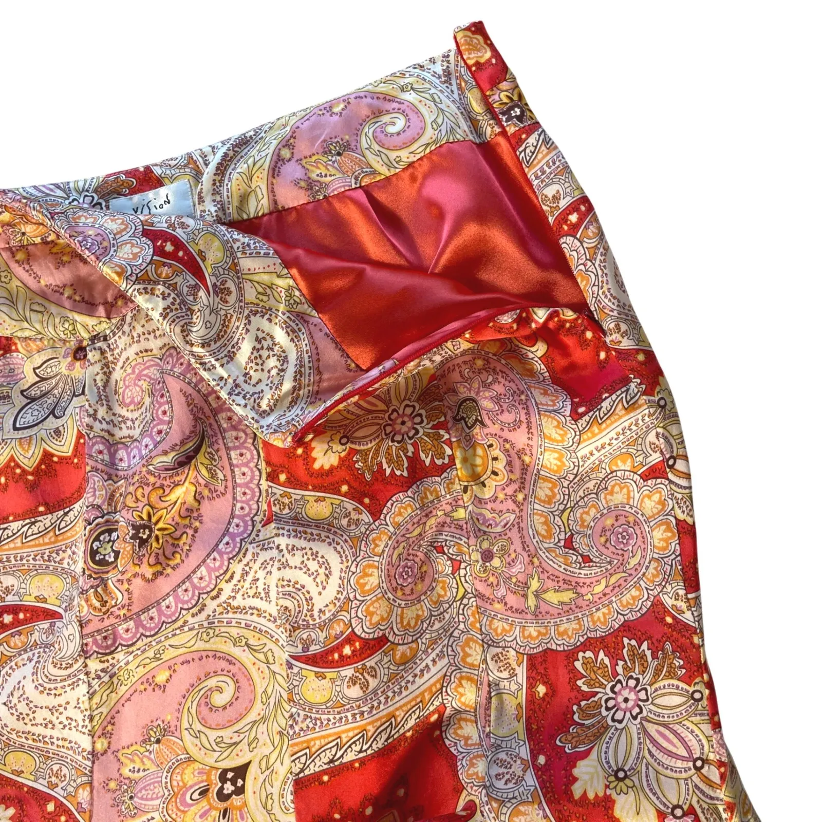 Vision Apparel Women's Silk Skirt Size 14 Paisley Red Pink Lined Y2K Early 2000s - Image 5
