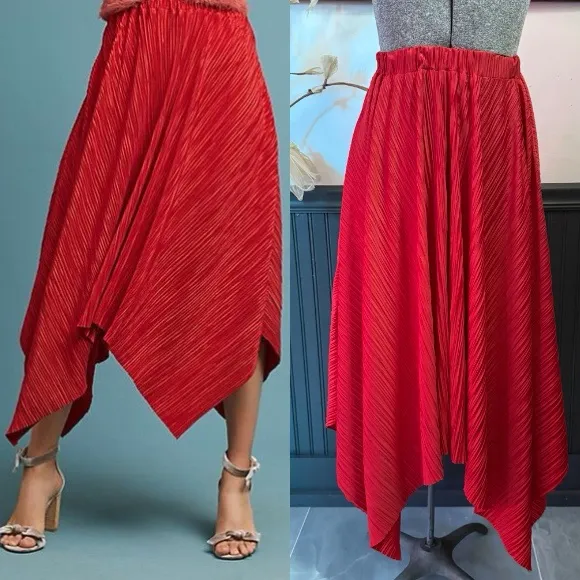 Anthropologie Sunday In Brooklyn Red Pleated Asymmetrical Midi Skirt ~ Sz XS 💛🍄 - Image 2