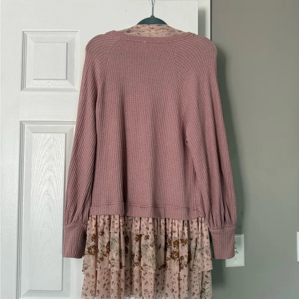 FREE PEOPLE Textured Mixed Media Sweater Dress Floral Hem Layered Bohemian Boho - Image 8