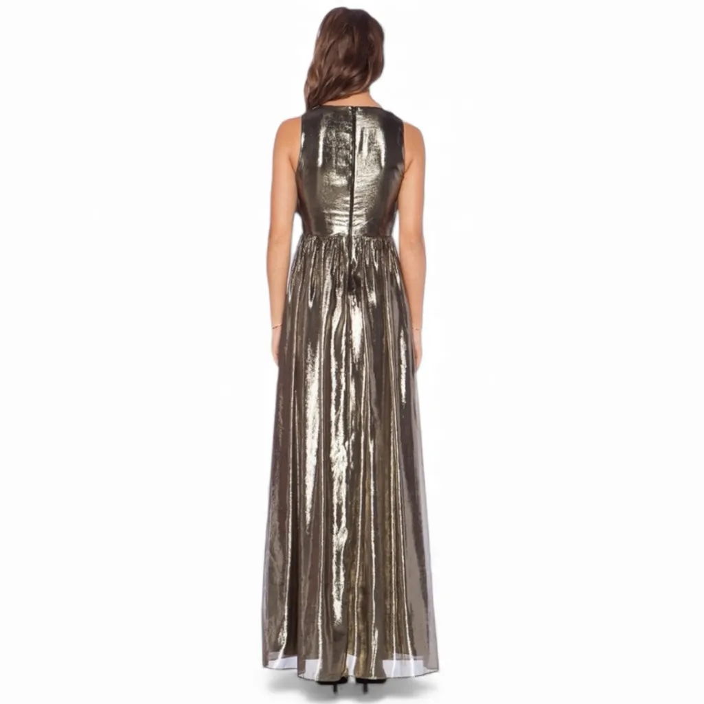 ALICE + OLIVIA Issa pleated gold lame Bronze metallic sleeveless maxi gown Sz 0 - Image 4
