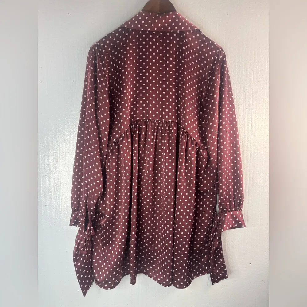 Zara L Babydoll Polka Dot Button Front Tunic Top in Burgundy - Image 4