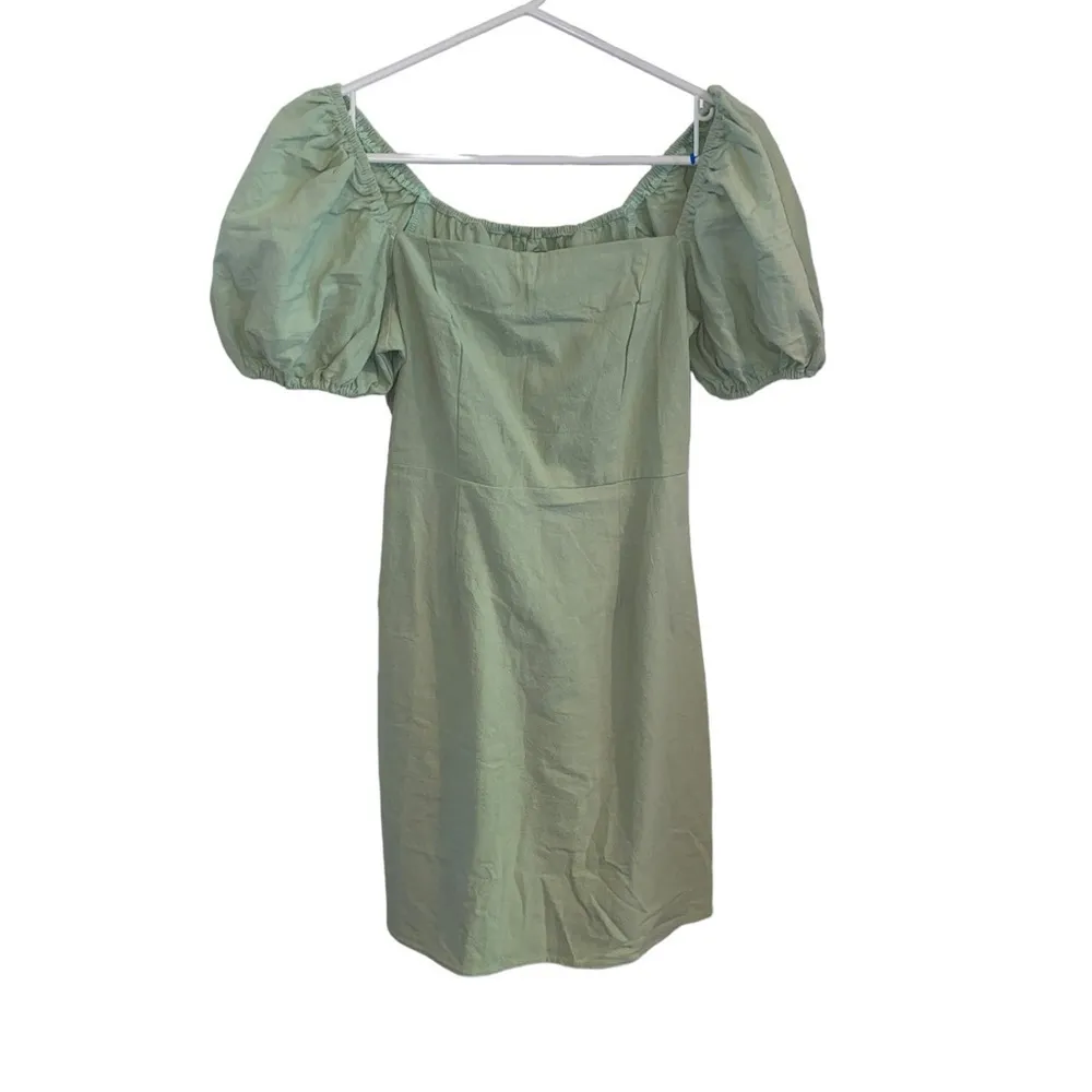 nasty gal sage green puff sleeve linen look mini dress - Image 2