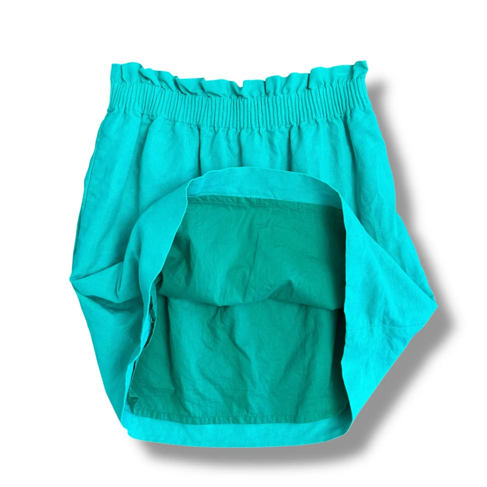 J.Crew‎ Women’s 4 Linen Cotton Smocked Waist Mini Skirt Green Ruffle Hem Lined - Image 5