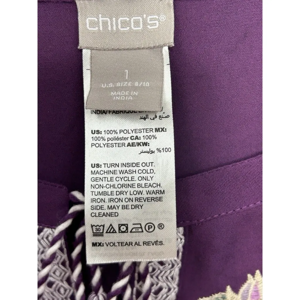 Chicos Floral Embroidered Top Shirt Size 1 Medium 8/10 Tassel Tie Long Sleeve - Image 7