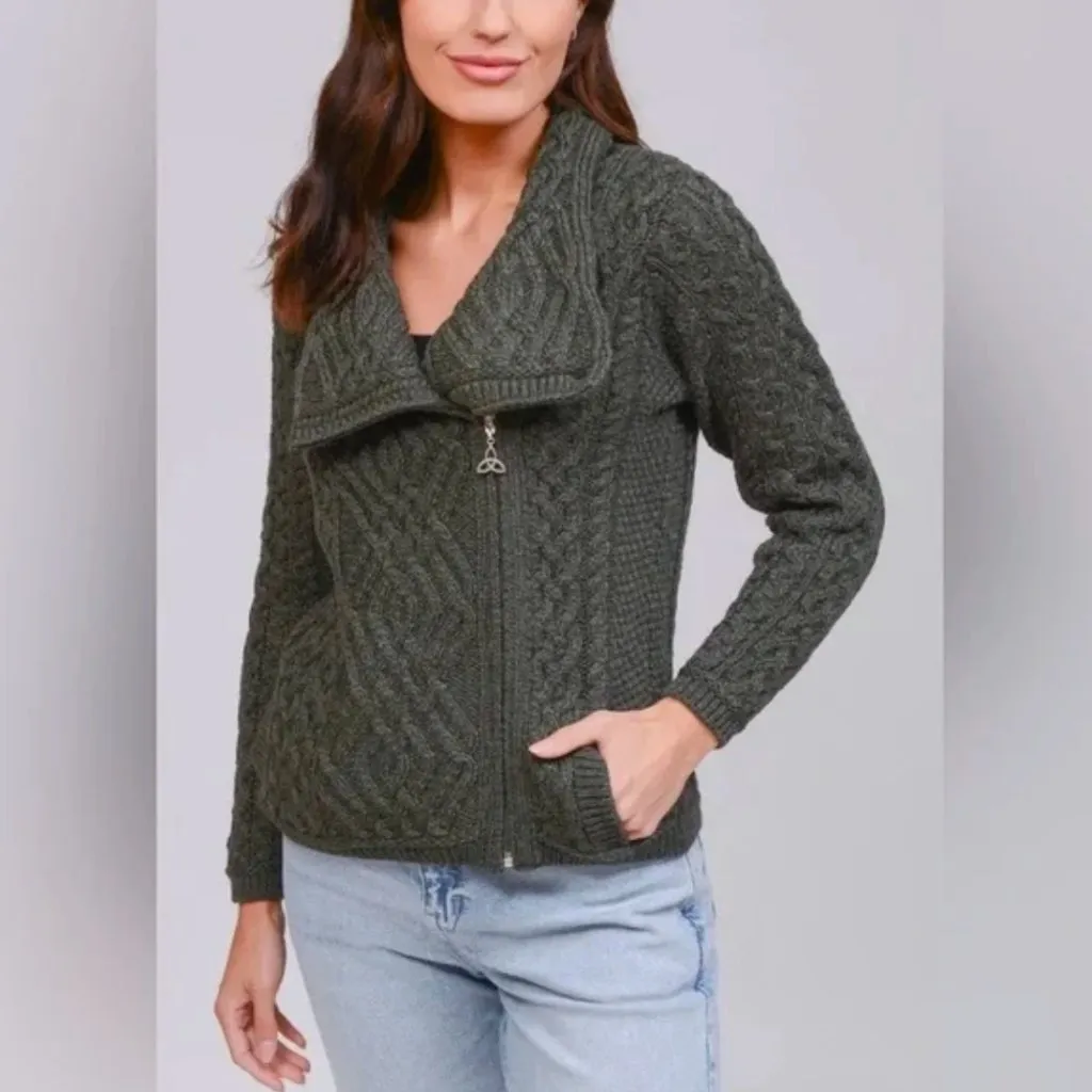 Aran Crafts Irish Cable Knit Side Zip 100% Merino Wool Sweater Size large Green - Image 2