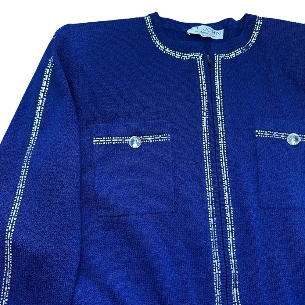 ST. JOHN Size 14 Royal Blue Made In USA Rhinestone Trimmed Knit Jumpsuit Pockets - Image 12