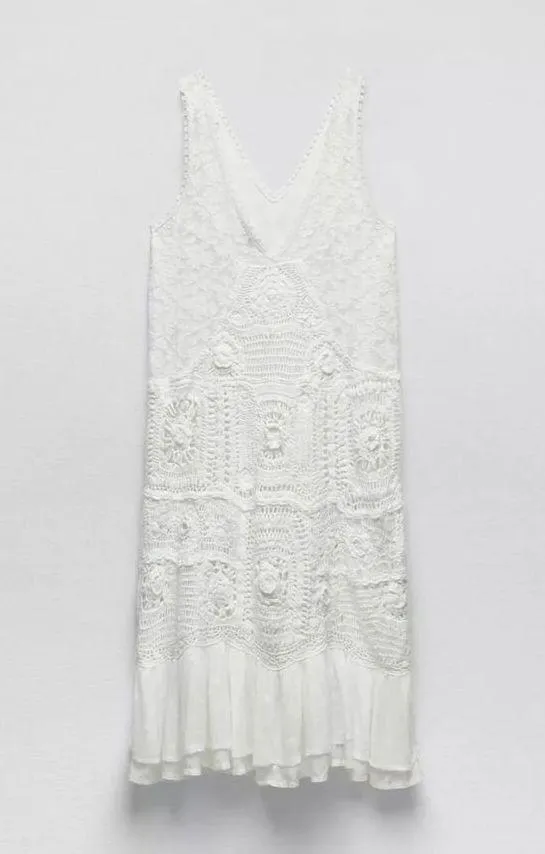 ZARA V-Neck Contrast Crochet Knit Lace Midi Dress White Size S NWT - Image 4