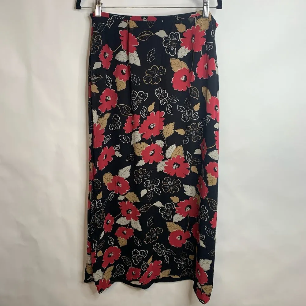 Casual Corner Black Floral Midi Skirt Silk Sz 12 - Image 2
