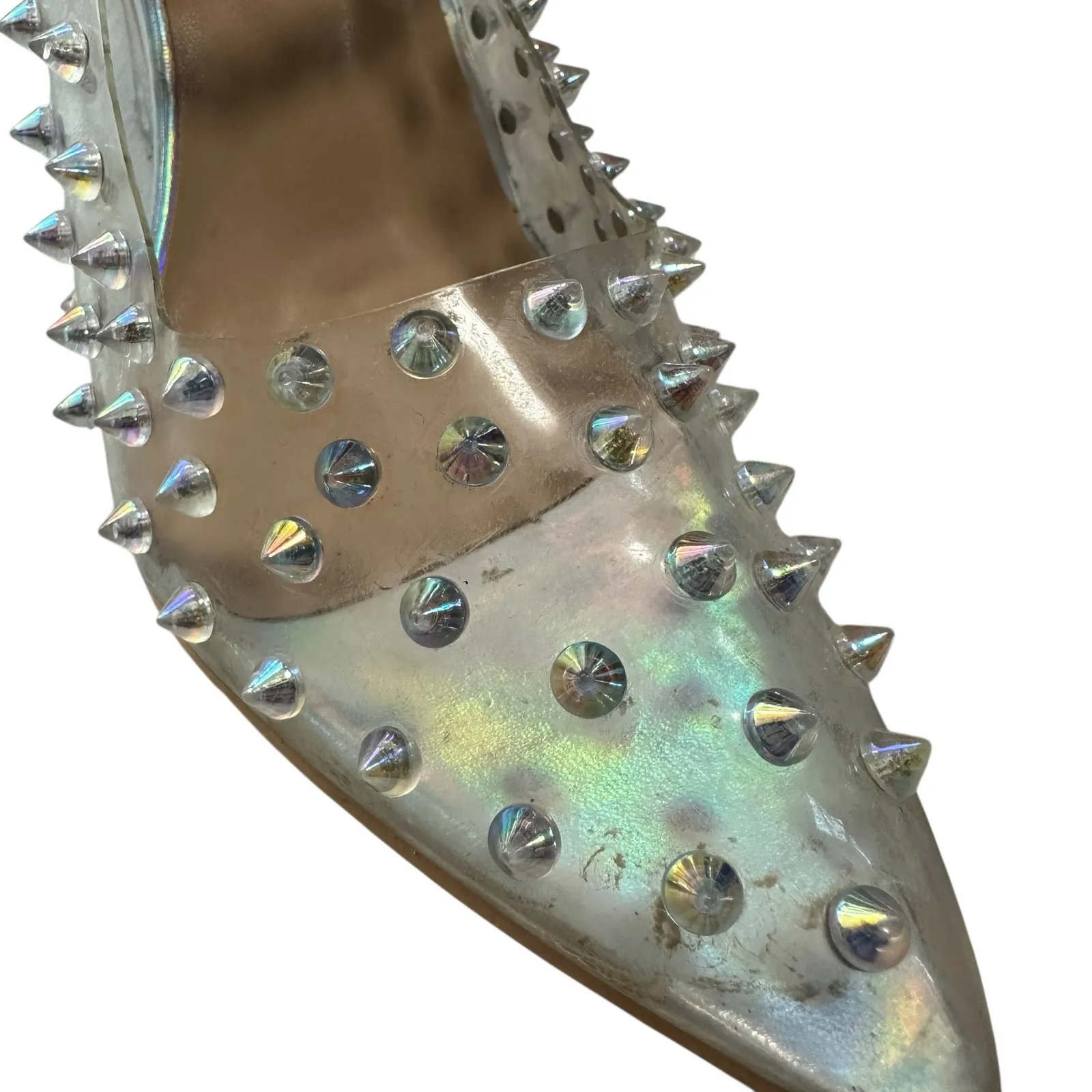 Vintage Y2K Clear Spiked Pumps Stiletto Heels Ankle Chain Pointed Toe 8.5 Glam - Image 6