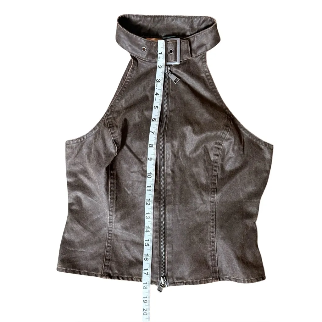 Waxed Twill Utility Top Brown High Neck Buckle Zip Front Woman’s Size S - Image 4