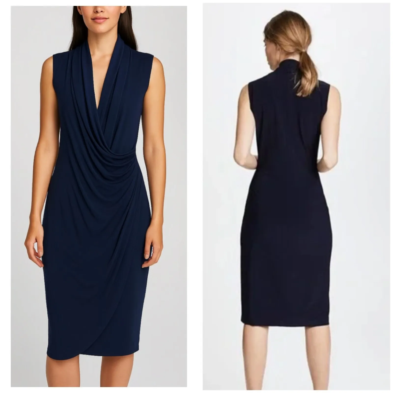 Norma Kamali Black Draped Surplice Midi Dress M Sleeveless Stretch Bodycon - Image 2