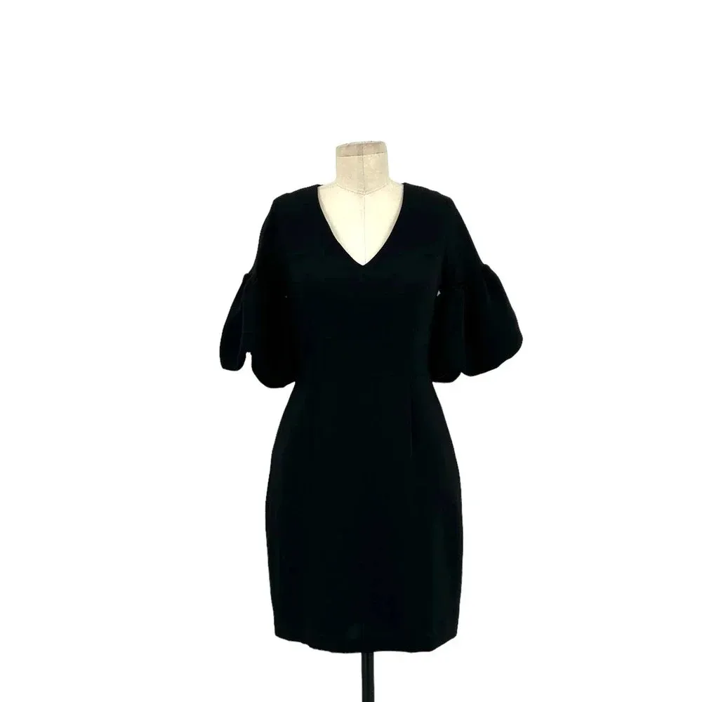 Amanda Uprichard Norelle Dress Mini Short‎ Puff Sleeve V-Neck Black Size Small - Image 3