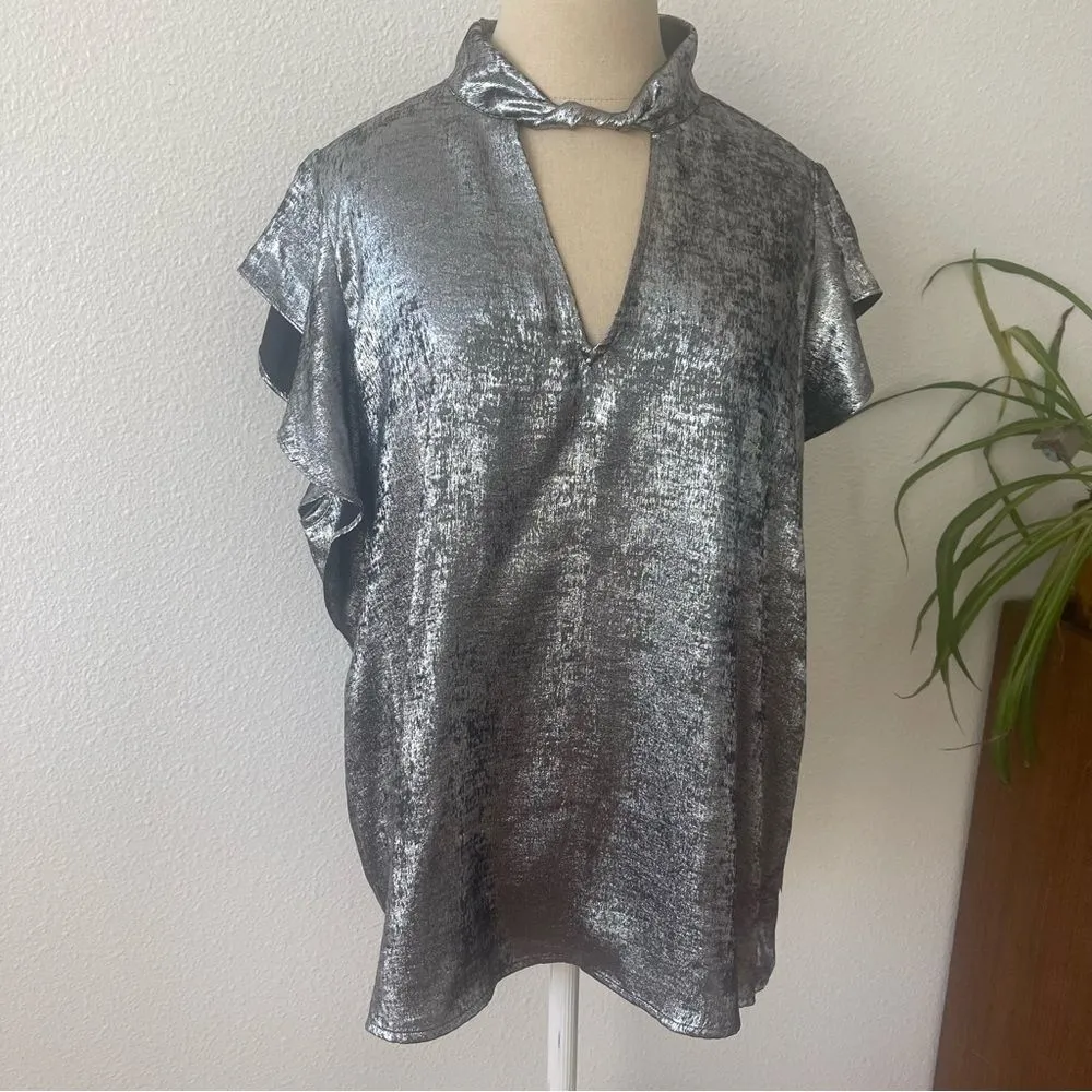 Worthington 0X Shimmering Silver Blouse Keyhole Neck Short Sleeve Satin - Image 5