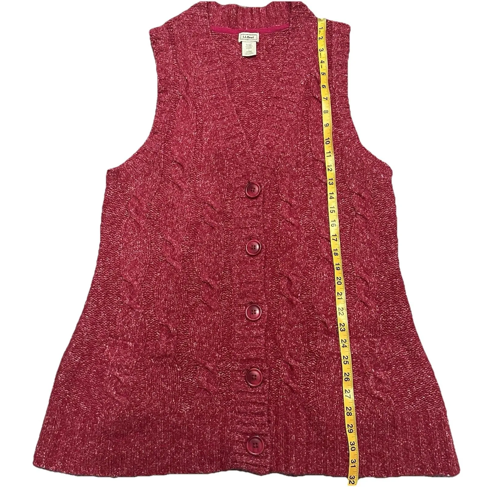 LLBean Cable Knit Sweater Vest L Wool Blend Button Front Cottagecore Academia Pink Size L - Image 8