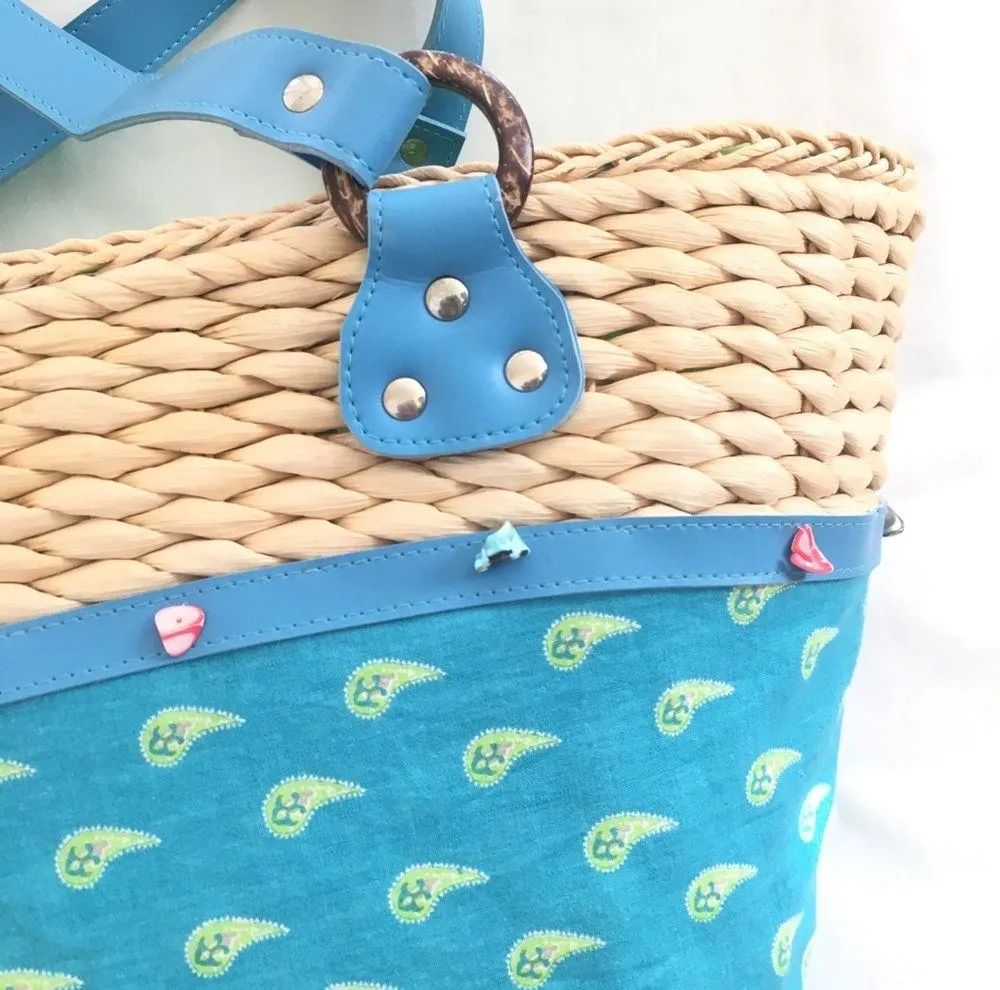 Teal Large Straw Beach Tote Bag - Image 6