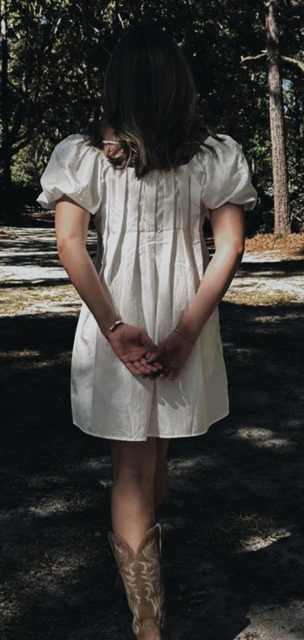 White Puff Sleeved Pleated Square Neck Dress - Image 2