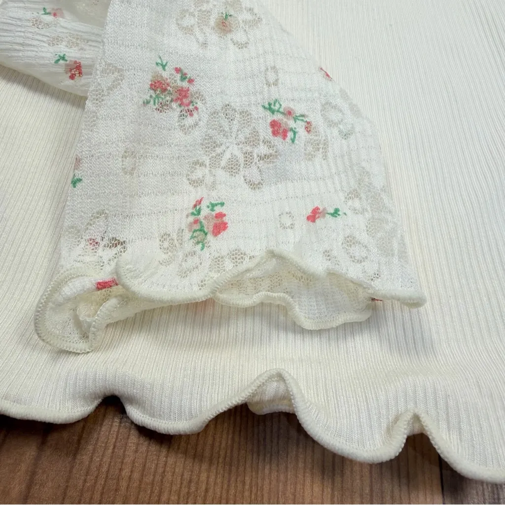 Hem & Tread Ribbed Mock Neck Scallop Trim Dainty Floral Long Sleeves Small New - Image 5