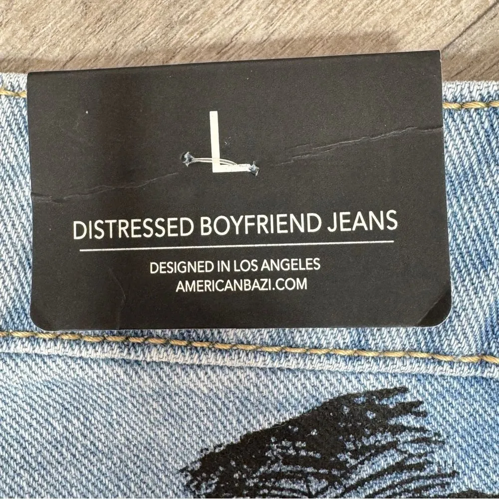 American Bazi Hollywood Graffiti Distressed Boyfriend Jeans Blue Large - Image 8