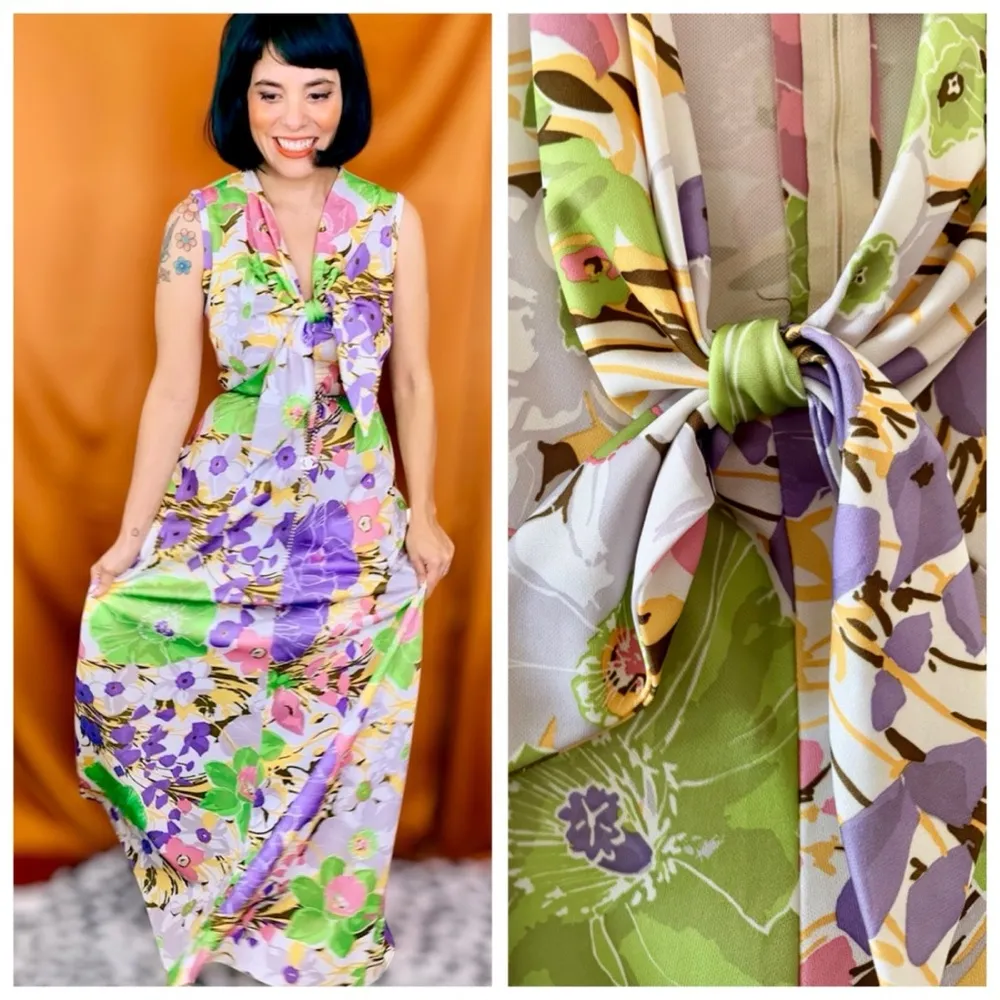 70s Vintage Hippie Mod Floral Print Tie Front Detail Maxi Dress, sz. S White - Image 3