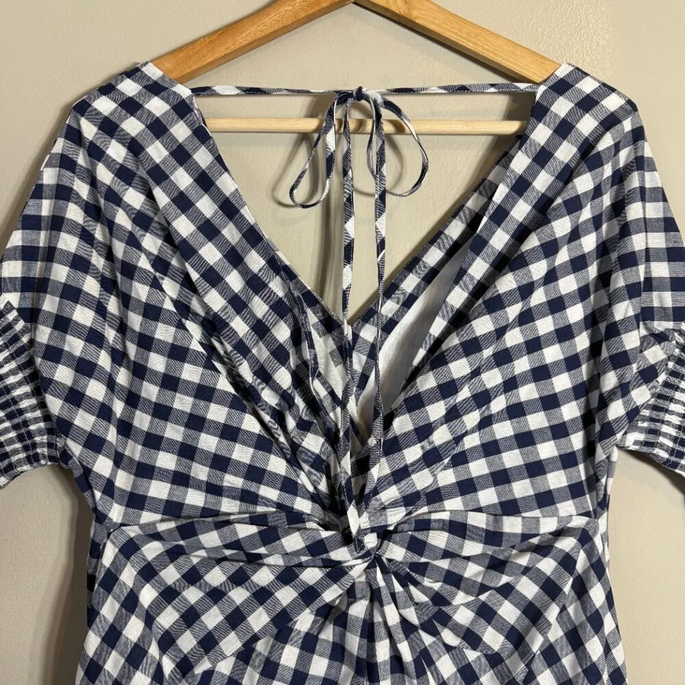 Stelen Harlow Gingham Midi Dress Women's XS Navy White Puff Sleeve Preppy Party Blue - Image 13