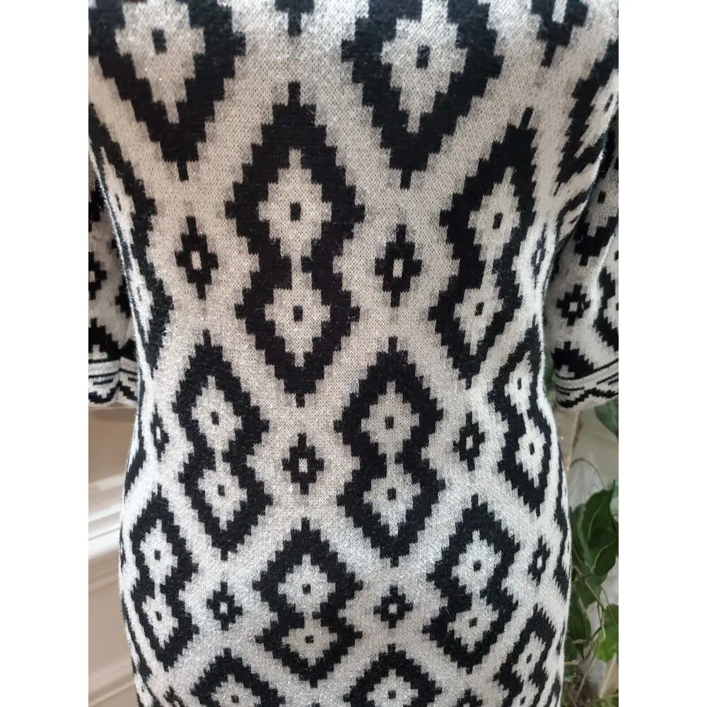Beige Eci Woman Black & White Sweater Round Neck 3/4 Sleeve Knee Length Dress XL - Image 3